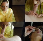 Alessia91 – Kondom-Blowjob im Regenponcho und danach das Sperma im Gesicht verteilt