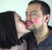 RussianBeauty – Covering Alex with pink neon shiny lipstick kisses all over his face