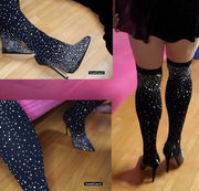 SantaKlausX - Black Knee Crystal Lycra Stretch Boots HighHeels Pointed Toe Gangbang