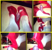 schwanzspiel - Spritziger Footjob - Schwanz mit Absätzen getreten