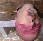 undergiv - Tightly secured by heavy wooden pillar  degraded by piss